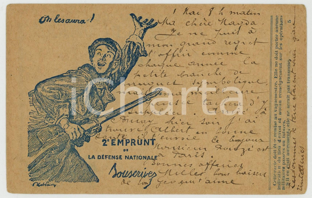 1915 ca FRANCE - 2^ Emprunt de la défense nationale - Carte en franchise FP NV  Cartolina d'epoca, non viaggiata ma con nota manoscritta. FAIR/discreto Lievi smussature agli angoli Formato: FP originale e autentica 1