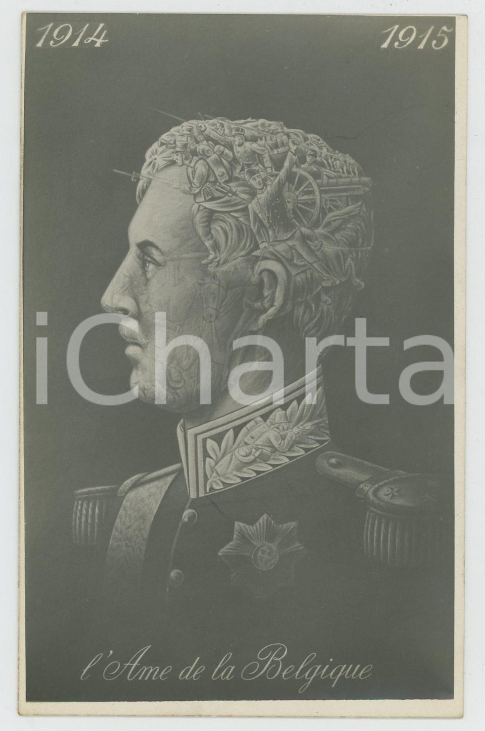 1915 ca METAMORPHIC POSTCARD Charles de Belgique - L'âme de la Belgique 1914-15  Cartolina postale d'epoca, non viaggiata.CONDIZIONI: GFORMATO: FP    originale e autentica 1