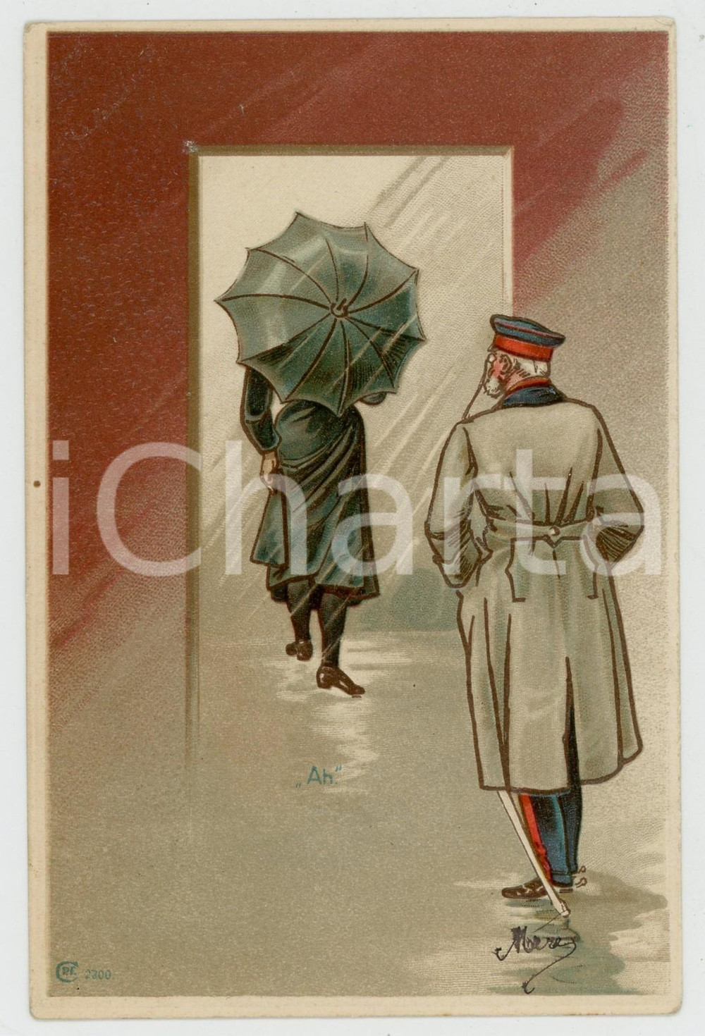 1900 ca HUMOUR A colonel and a sexy priest - Sequential postcard 1 of 3 Cartolina postale d'epoca, non viaggiata. POOR/danneggiato Lievi smussature agli angoli, profonda piegatura all'angolo superiore destro Formato: 14x9 originale e autentica 1