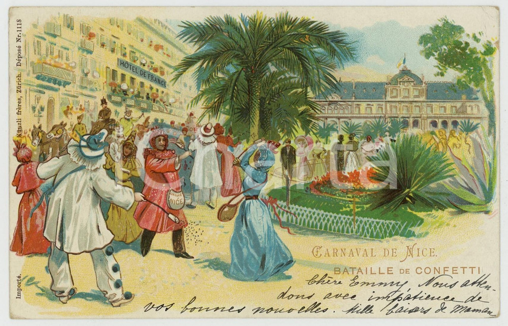 1899 CARNAVAL DE NICE Bataille de confetti - Carte postale ILLUSTRÉE FP VG  Cartolina postale d'epoca, viaggiata. FAIR/discreto Lievi smussature agli angoli Formato: FP originale e autentica 1