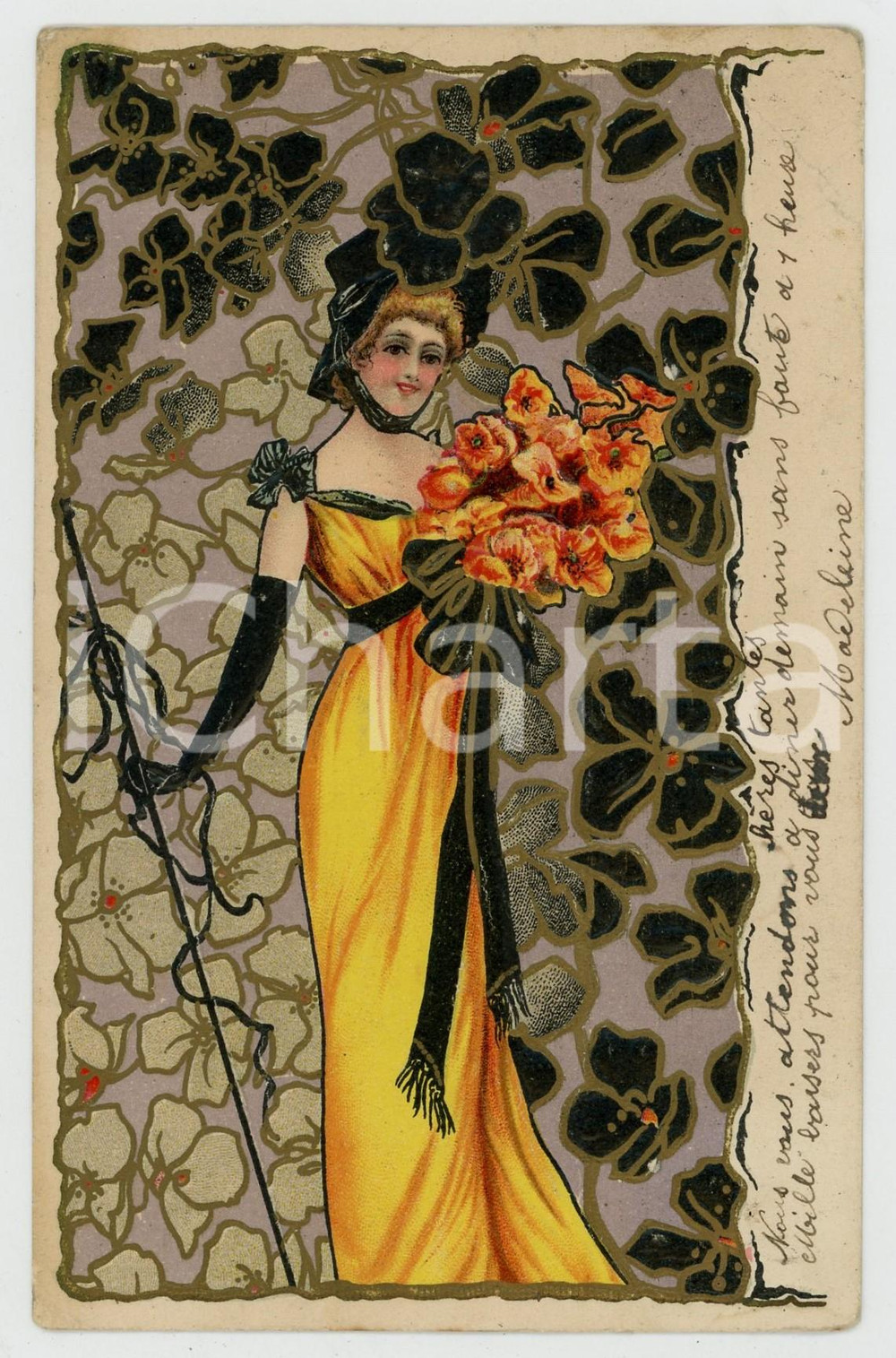 1903 ART NOUVEAU Lady in yellow dress - Portrait - ILLUSTRATED embossed postcard  Cartolina postale d'epoca, illustrata, a rilievo, viaggiata.CONDIZIONI: F (smussature angolari e lievi tracce di umidit&agrave; al verso)FORMATO: FP    originale e autentica 1