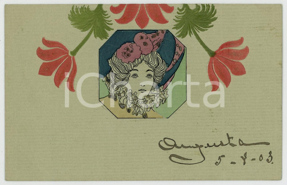 1903 ART NOUVEAU Raphael KIRCHNER Woman - Red flowers - RARE Embossed postcard  Pregevole cartolina postale d'epoca, illustrata, viaggiata.CONDIZIONI: GFORMATO: FPEDITORE: B R W 415     originale e autentica 1