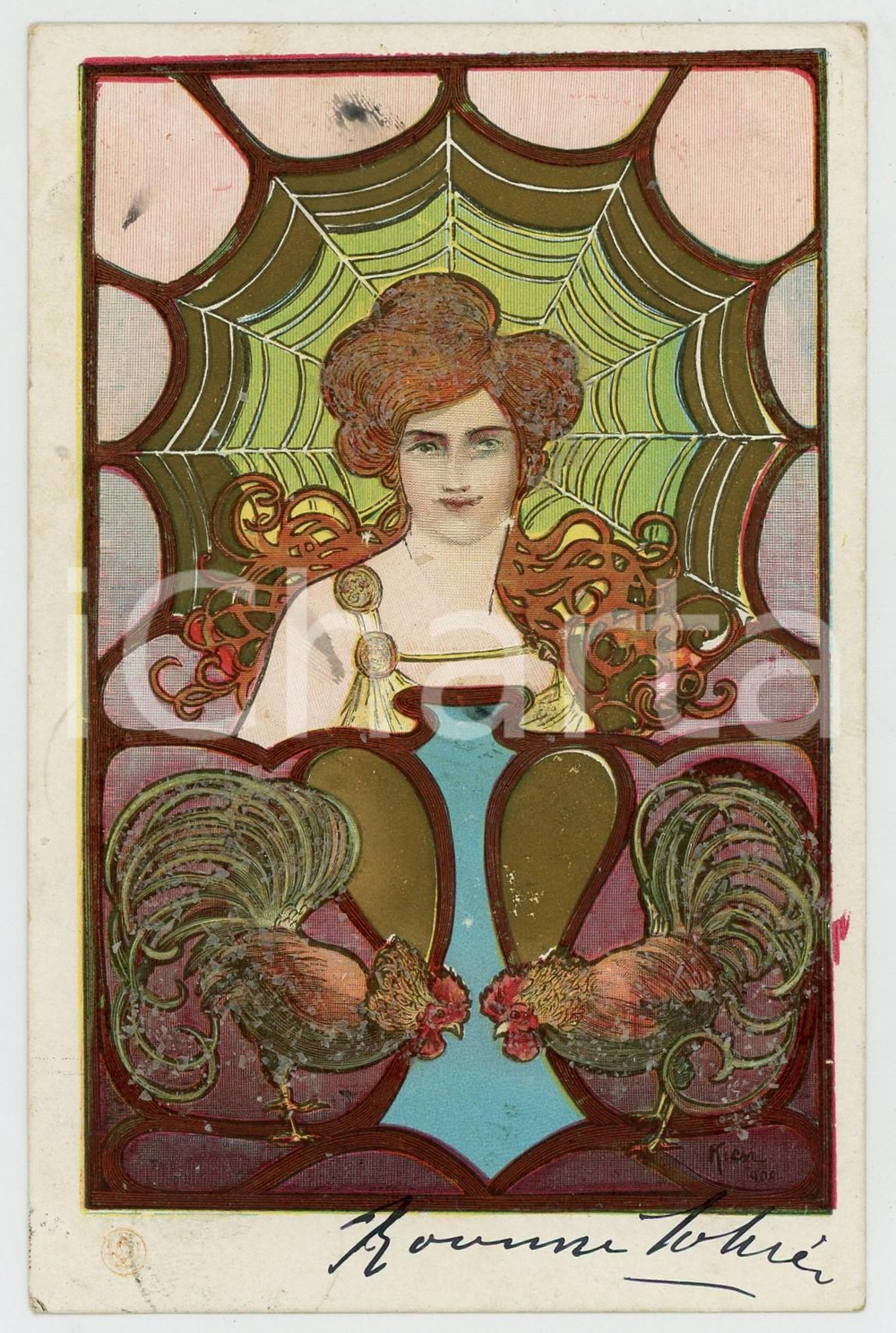 1902 ART NOUVEAU Artist Angel KIESZKOW - Woman - web - cocks - Glitter Postcard  Pregevole cartolina postale d'epoca, illustrata, viaggiata, con visibili tracce di brillantini.CONDIZIONI: F (lievi macchie, brillantini quasi completamente scomparsi)FORMATO: 9x14 cm    originale e autentica 1