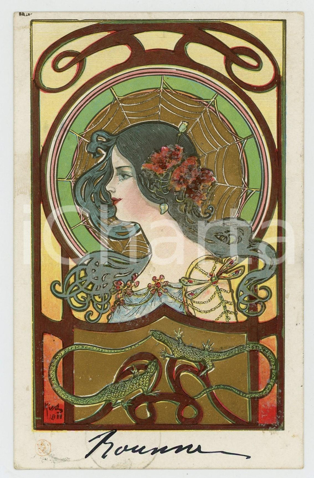 1902 ART NOUVEAU Artist Angel KIESZKOW - Woman - web - wizards *Glitter Postcard  Pregevole cartolina postale d'epoca, illustrata, viaggiata, con visibili tracce di brillantini.CONDIZIONI: F (brillantini quasi completamente scomparsi)FORMATO: 9x14 cm    originale e autentica 1