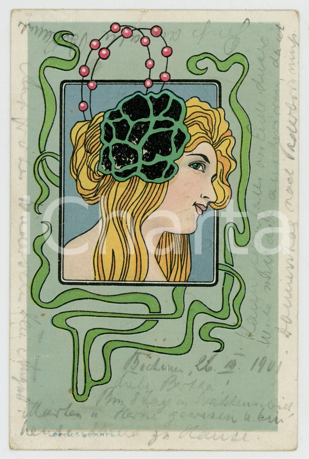 1901 ART NOUVEAU Belles Femmes - Blonde woman - Illustrated postcard  Cartolina postale d'epoca, viaggiata.CONDIZIONI: P (piegature laterali)FORMATO: FP    originale e autentica 1