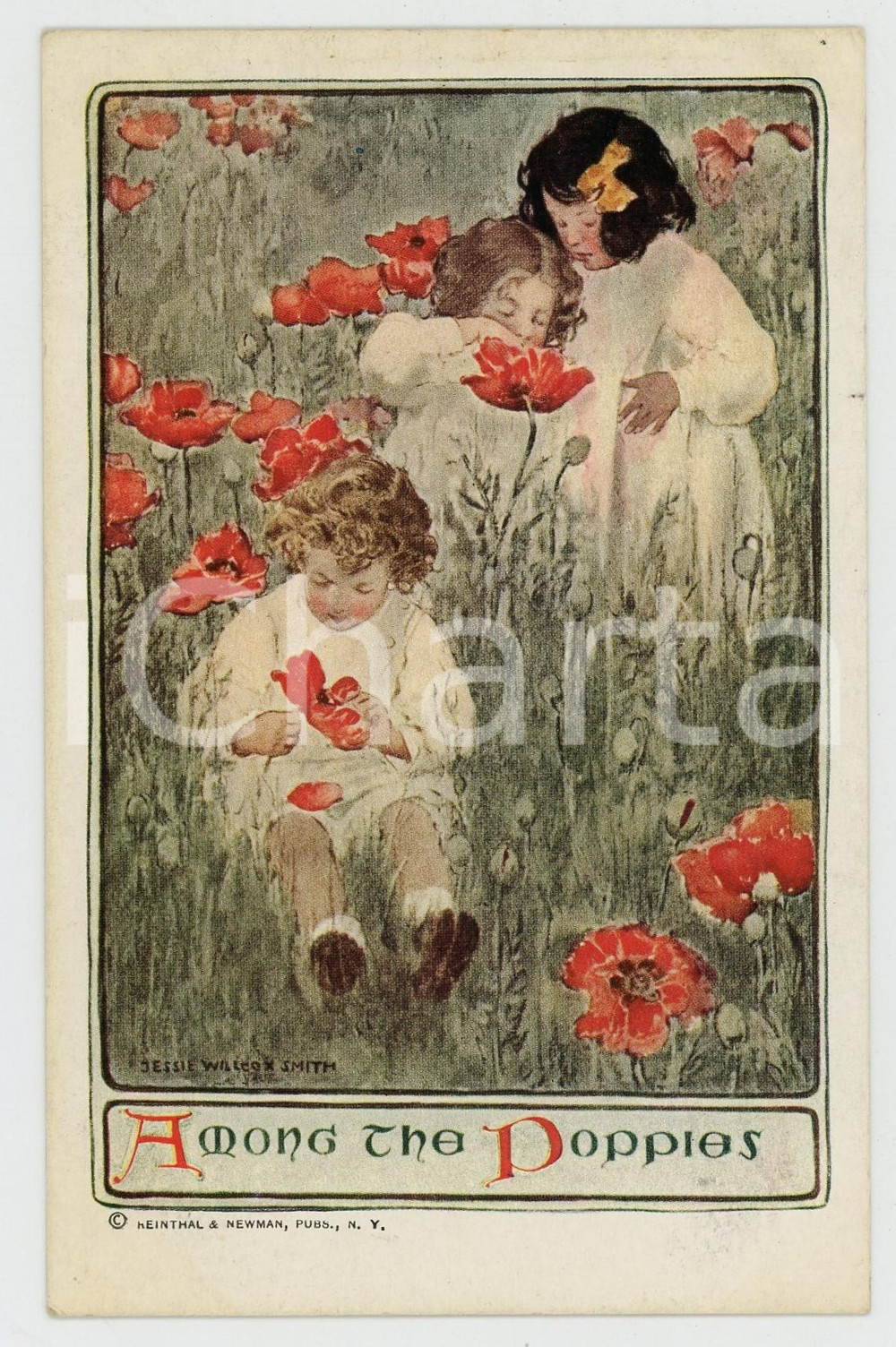 1910 ca Artist Jesse WILLCOX SMITH Among the poppies - Illustrated Postcard FP  Cartolina postale d'epoca, non viaggiata.CONDIZIONI: GOODFORMATO: FP    originale e autentica 1