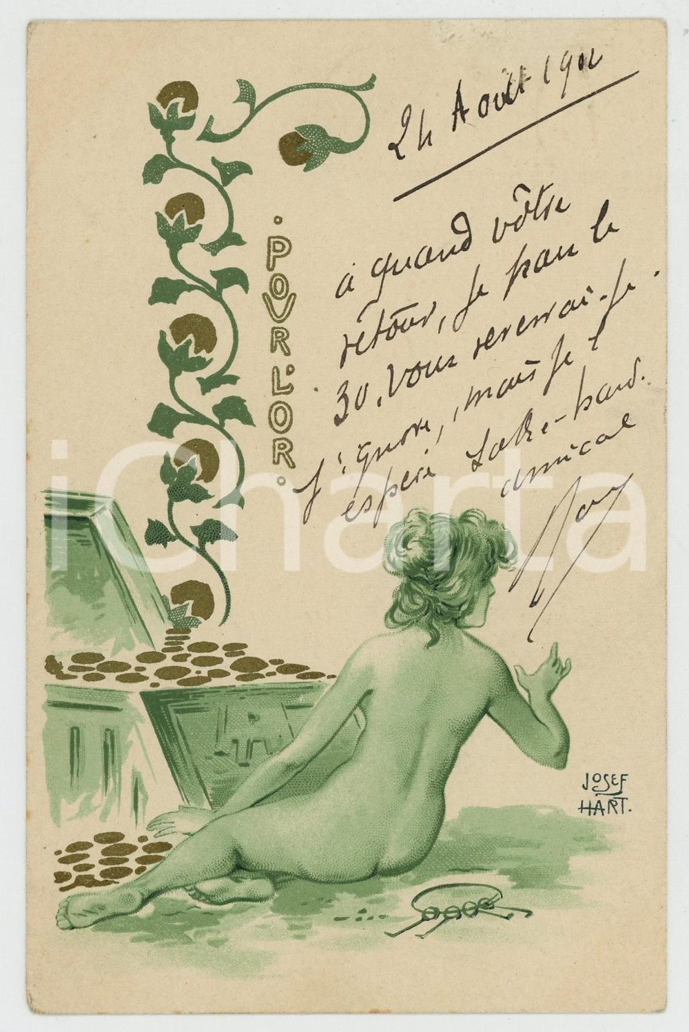 1902 ART NOUVEAU Artist Josef HART - Pour l'or - Naked woman - Postcard  Rara cartolina postale d'epoca, viaggiata.CONDIZIONI: FAIR (piccola abrasione al lato superiore)FORMATO: FP    originale e autentica 1