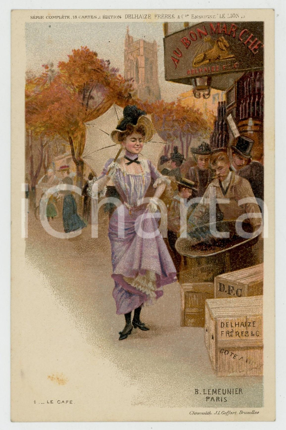 1910 ca Artist Basile LEMEUNIER - DELHAIZE Frères - Le café *Postcard n°1  Cartolina postale d'epoca, non viaggiata.CONDIZIONI: G (ma lieve macchia al recto)FORMATO: FP    originale e autentica 1