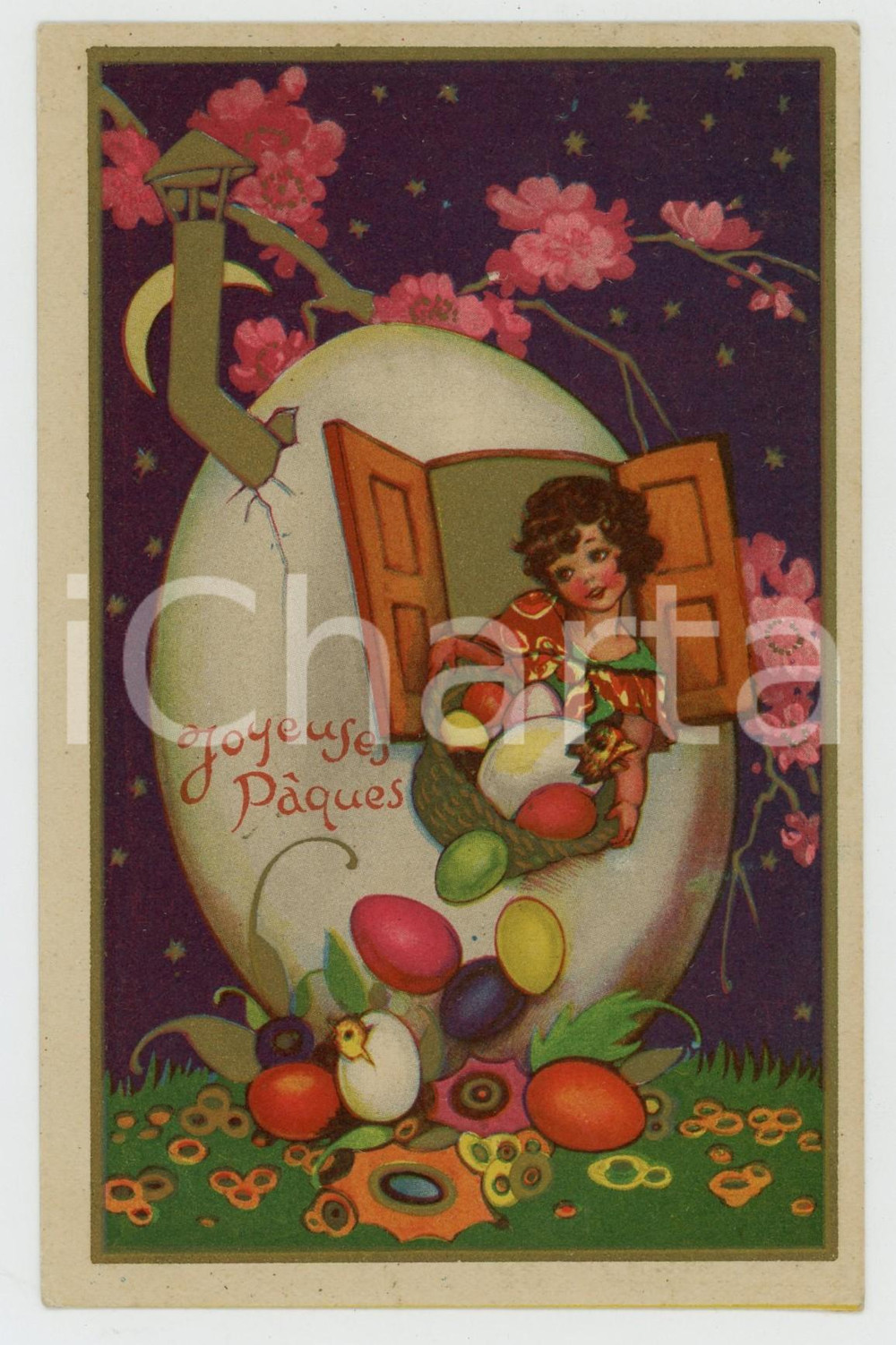 1936 JOYEUSES PÂQUES Child with Easter eggs - ill. CHIOSTRI - Postcard  Cartolina postale d'epoca, viaggiata.CONDIZIONI: F (minima abrasione angolare al verso)FORMATO: FP    originale e autentica 1