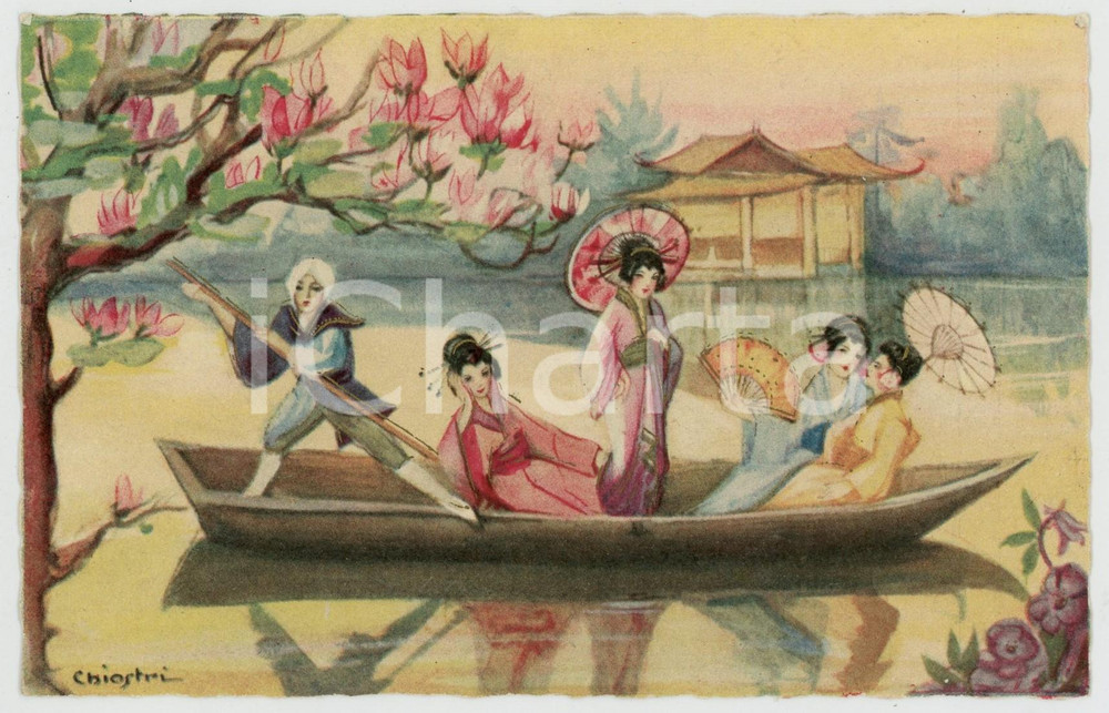 1910 ca ART DECO Geishe in barca - Giappone - ill. CHIOSTRI - Cartolina  Cartolina postale d'epoca, non viaggiata.CONDIZIONI: GFORMATO: FP    originale e autentica 1