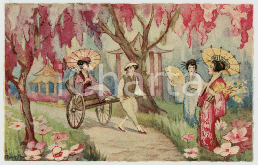 1910 ca ART DECO Geishe passeggiano sotto il glicine - ill. CHIOSTRI - Cartolina  Cartolina postale d'epoca, non viaggiata.CONDIZIONI: GFORMATO: FP    originale e autentica 1