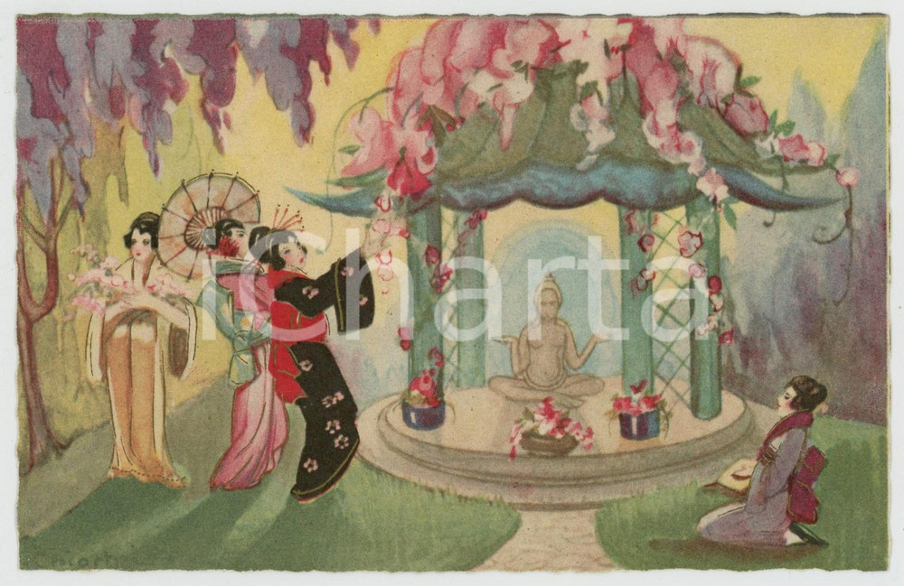 1910 ca ART DECO Giappone - Geishe danzano al tempio -- ill. CHIOSTRI Cartolina  Cartolina postale d'epoca, non viaggiata.CONDIZIONI: GFORMATO: FP    originale e autentica 1