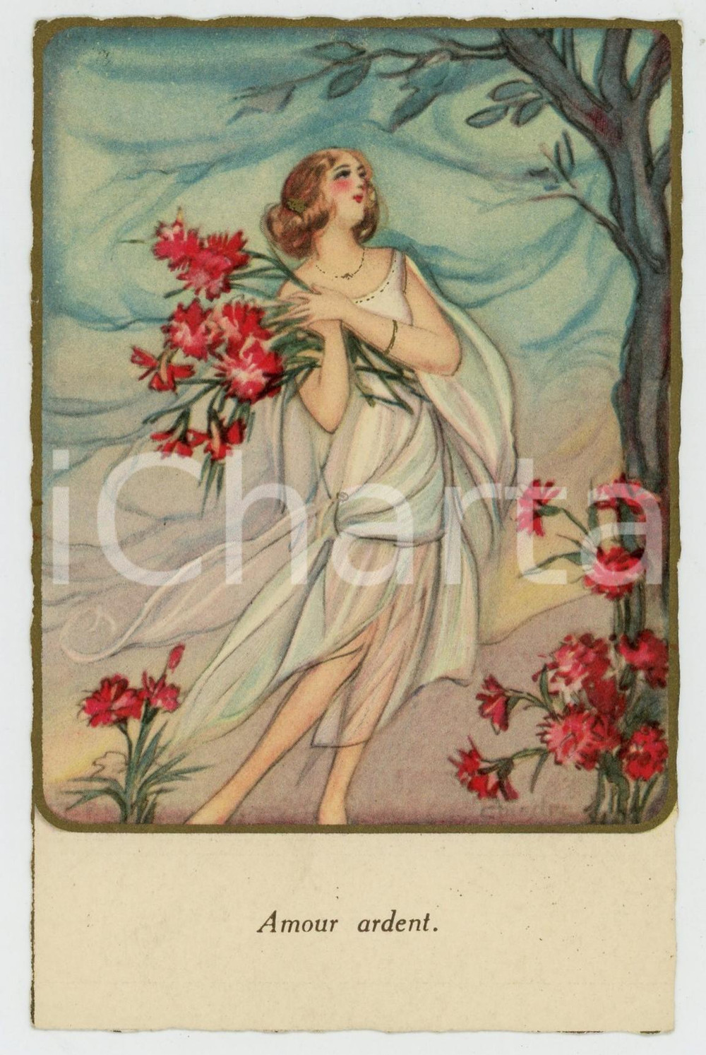 1910 ca ART DECO Amour ardent - Donna con fiori - ill. CHIOSTRI - Cartolina  Cartolina postale d'epoca, non viaggiata.CONDIZIONI: GFORMATO: FP    originale e autentica 1
