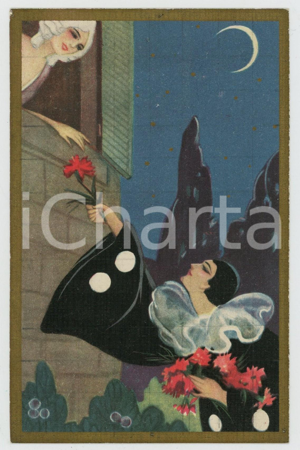 1910 ca ART DECO Pierrot e Colombina alla finestra - ill. CHIOSTRI - Cartolina  Cartolina postale d'epoca, non viaggiata.CONDIZIONI: F (fori di affissione ai margini; abrasione al verso)FORMATO: FP    originale e autentica 1