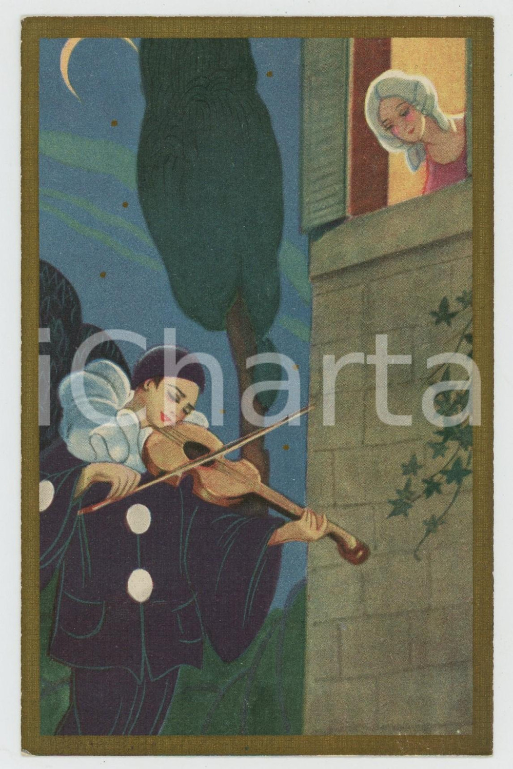 1910 ca ART DECO Pierrot suona il violino alla finestra ill. CHIOSTRI *Cartolina  Cartolina postale d'epoca, non viaggiata.CONDIZIONI: F (leggera ondulatura al lato superiore dovuta all'abrasione al verso)FORMATO: FP    originale e autentica 1