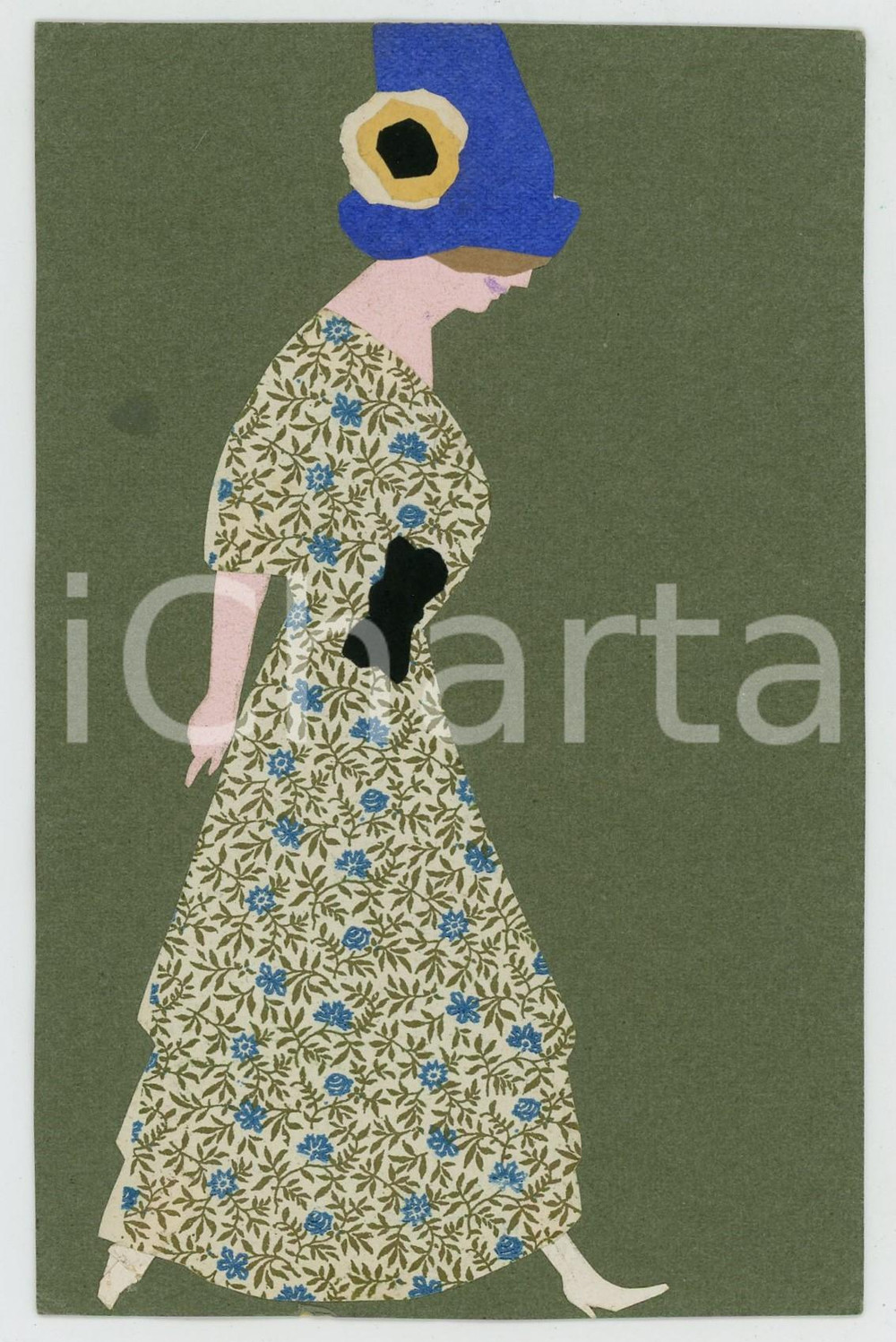 1912 GERMANY Woman in floral dress - Collage - Klebmosaik-Karte AK  Cartolina postale d'epoca,  realizzata con la tecnica del collage in carta, viaggiata.CONDIZIONI: GFORMATO: FP    originale e autentica 1