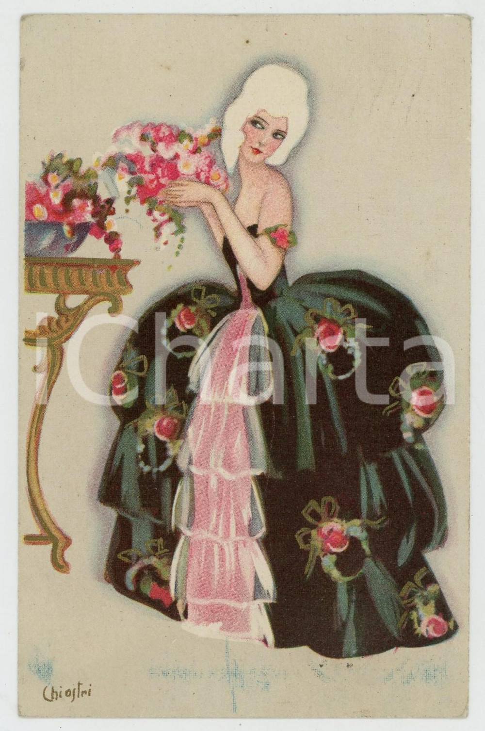 1929 ART DECO Dama veneziana con vasi di fiori - ill. CHIOSTRI *Cartolina  Cartolina postale d'epoca, viaggiata.CONDIZIONI: GFORMATO: FP    originale e autentica 1