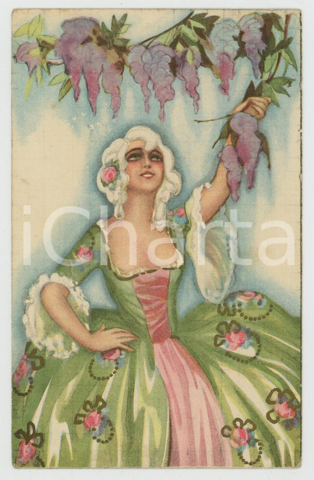 1927 ART DECO Dama veneziana sotto il glicine - ill. CHIOSTRI *Cartolina  Cartolina postale d'epoca, viaggiata.CONDIZIONI: G (minima sbrecciatura al lato destro e piccola abrasione al verso)FORMATO: FP    originale e autentica 1