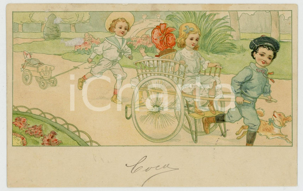 1910 ca CHILDREN Kids playing with gig and puppets ILLUSTRATED Postcard FP VG  Cartolina postale d'epoca, viaggiata ma con affrancatura rimossa.CONDIZIONI: POOR (residui di incollatura al recto)FORMATO: FP    originale e autentica 1
