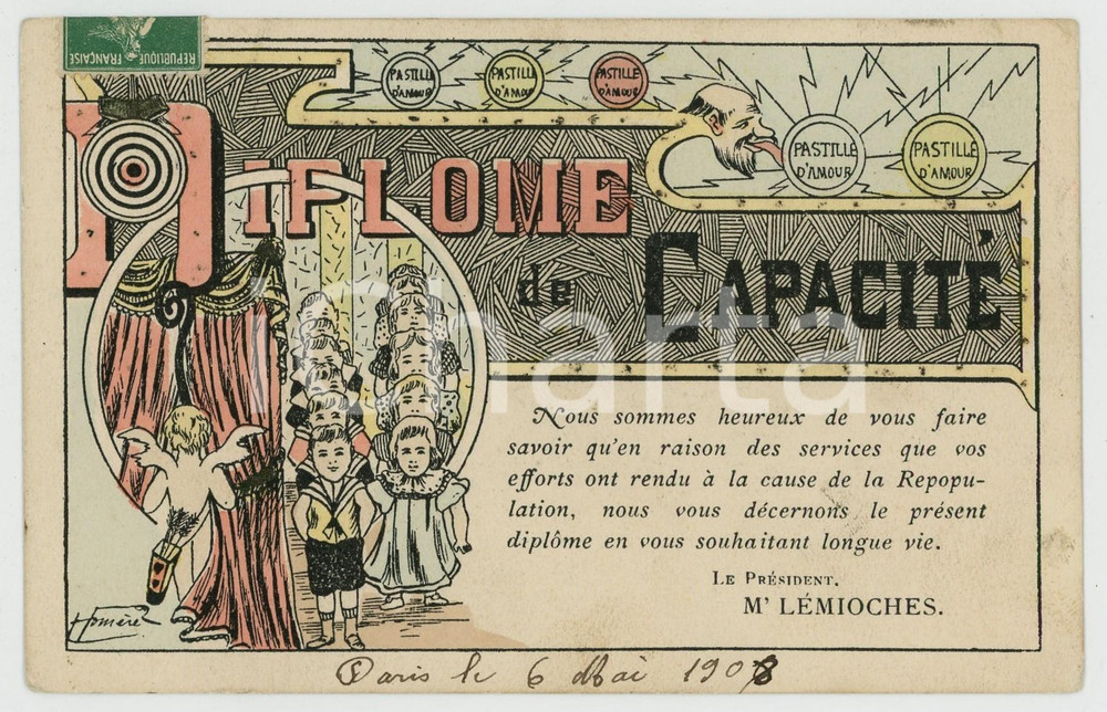 1908 LÉMIOCHES Pastille d'amour - Diplome de capacité - Carte postale FP VG  Cartolina postale d'epoca, viaggiata.CONDIZIONI: FAIR (piegature agli angoli superiori)FORMATO: FP    originale e autentica 1