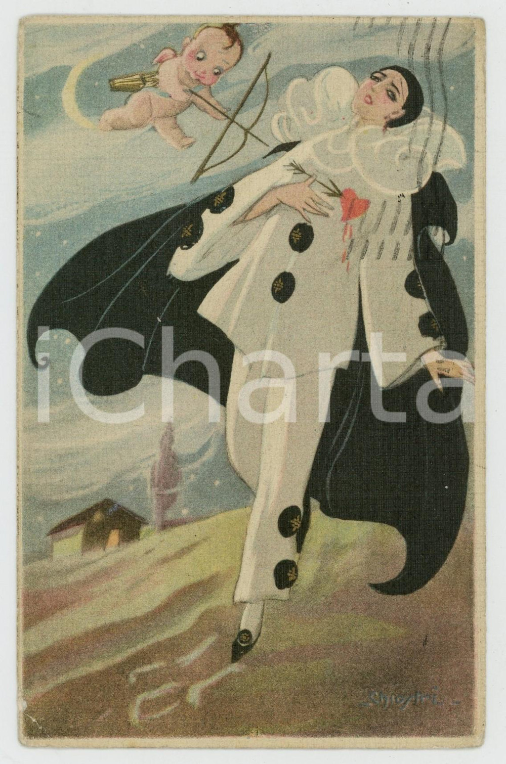 1928 ART DECO Pierrot colpito da una freccia di Cupido -ill. CHIOSTRI *Cartolina  Cartolina postale d'epoca, viaggiata.CONDIZIONI: F (piegature angolari)FORMATO: FP    originale e autentica 1
