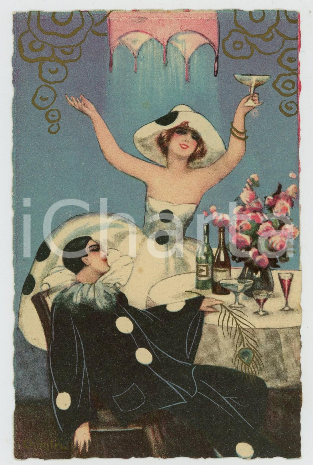 1910 ca ART DECO Pierrot brinda con innamorata - ill. Sofia CHIOSTRI *Cartolina  Cartolina postale d'epoca, non viaggiata.CONDIZIONI: GFORMATO: FP    originale e autentica 1