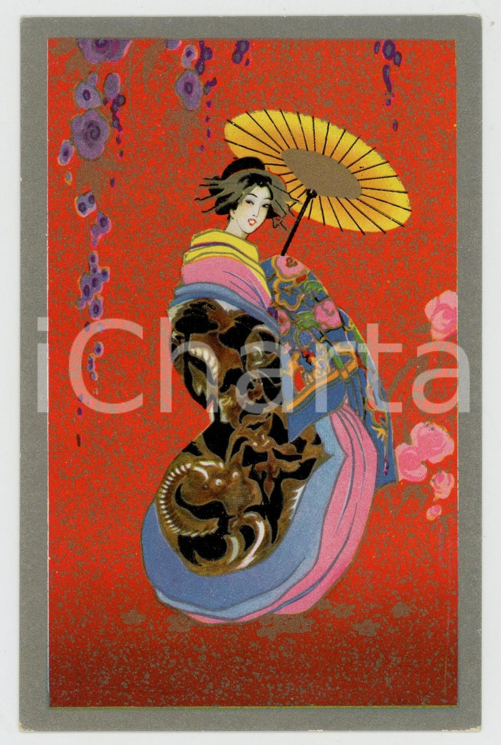 1930 ca COSTUMI JAPAN Geisha su sfondo rosso - Cartolina italiana FP NV (1)  Cartolina postale d'epoca, non viaggiata.CONDIZIONI: G FORMATO: FP    originale e autentica 1