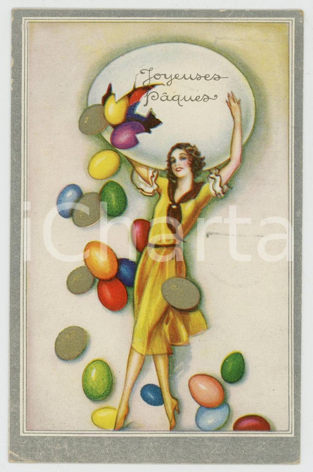 1933 JOYEUSES PÂQUES Woman with Easter eggs - ill. CHIOSTRI - Postcard  Cartolina postale d'epoca, viaggiata (ma francobollo asportato).CONDIZIONI: POOR (evidenti piegature angolari; abrasione al verso dovuta all'asportazione del francobollo)FORMATO: FP    originale e autentica 1