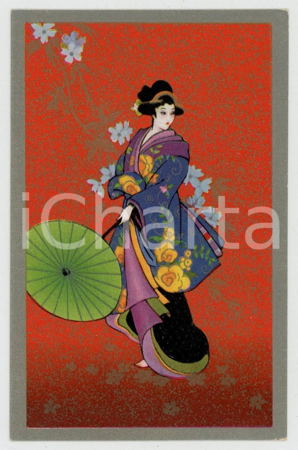 1930 ca COSTUMI JAPAN Geisha su sfondo rosso - Cartolina italiana FP NV (4)  Cartolina postale d'epoca, non viaggiata.CONDIZIONI: G FORMATO: FP    originale e autentica 1