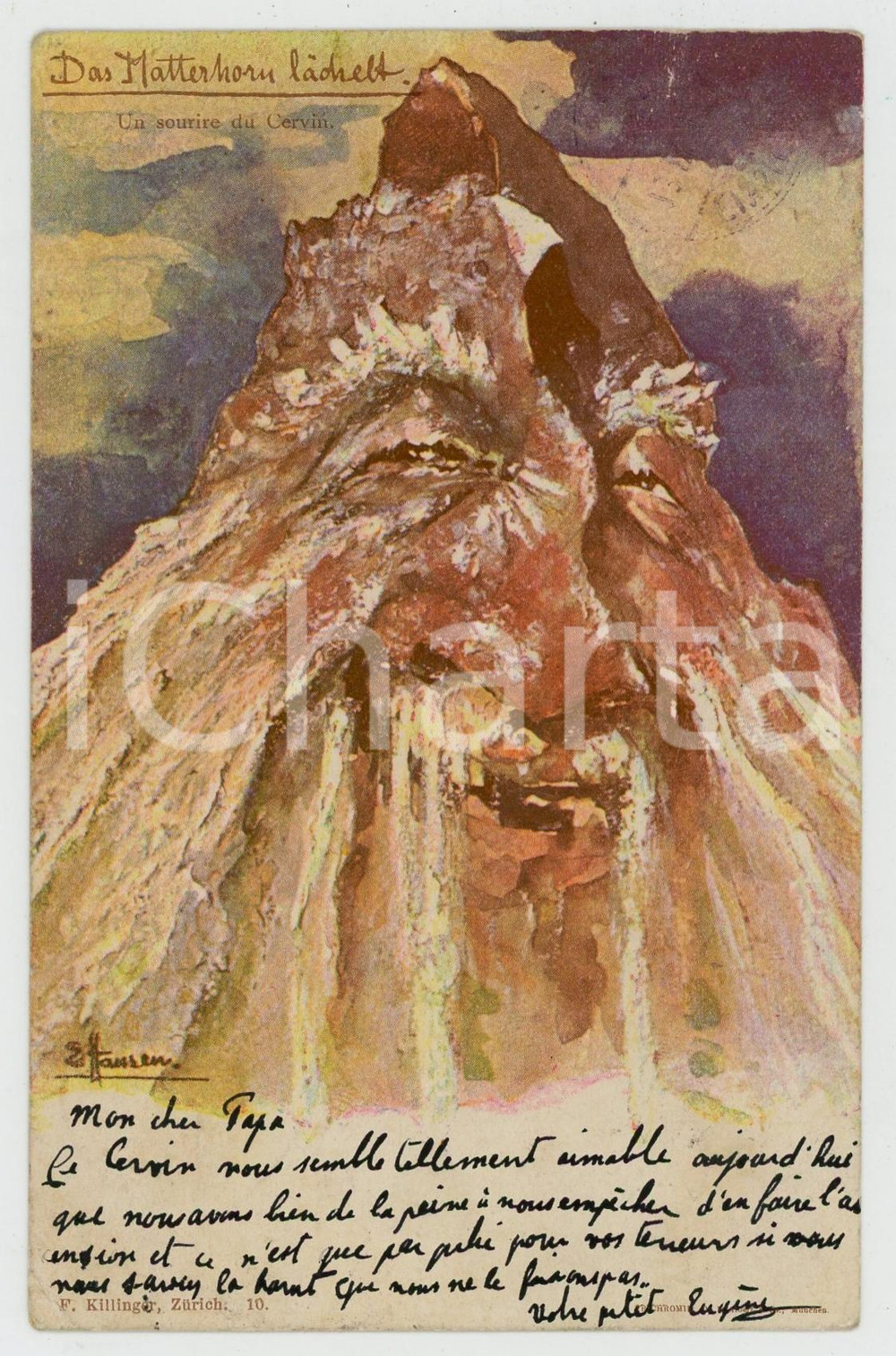 1897 Emil NOLDE - Magic Mountains - Das Matterhorn Lachett - Postcard  Cartolina postale d'epoca, viaggiata, opera del pittore Emil Nolde (pseudonimo di Emil Hansen). VERY POOR/gravemente danneggiato carta lenta, francobollo asportato al verso e lievi macchie Formato: 9x14 cm originale e autentica 1
