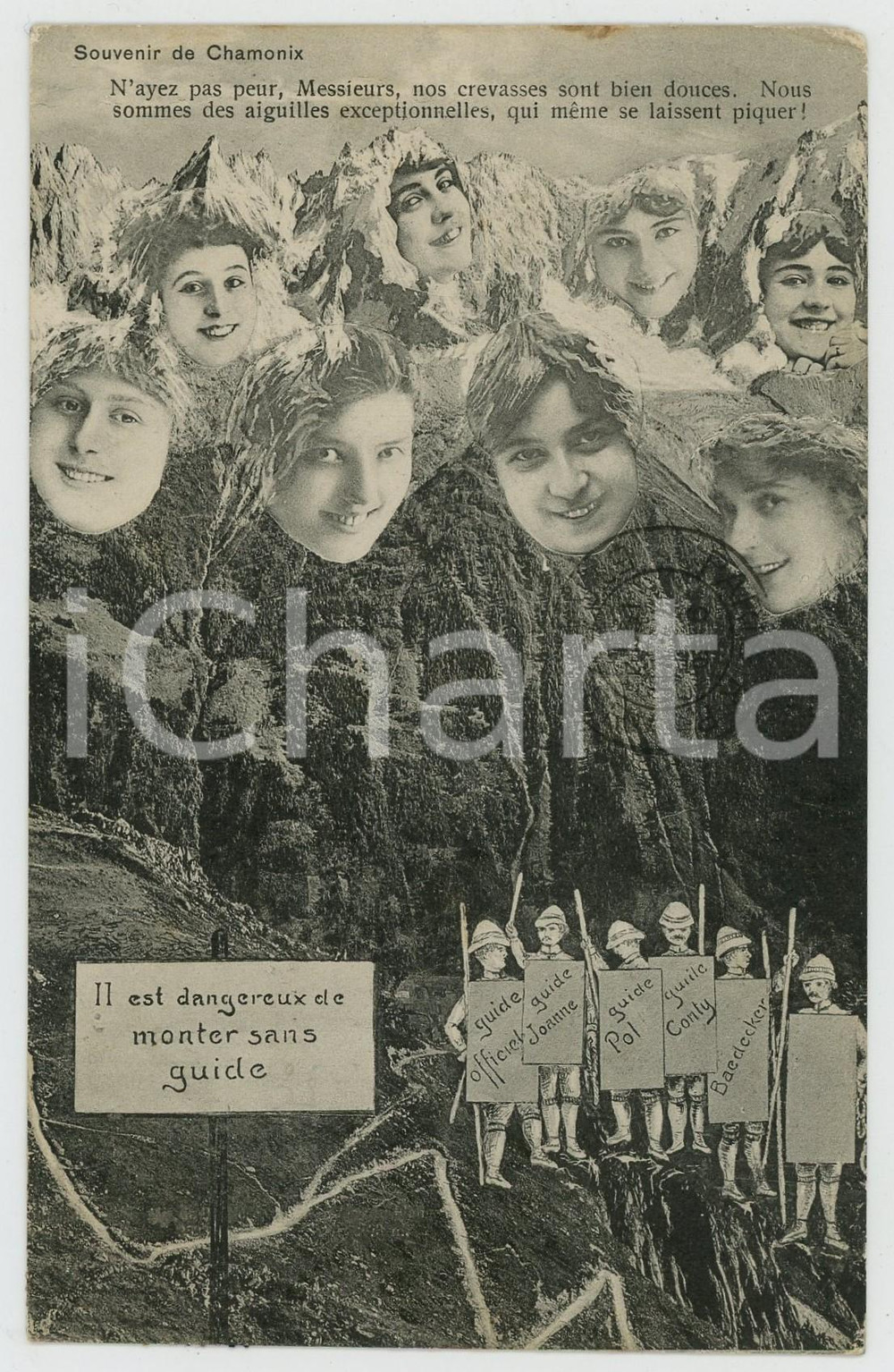 1914 CHAMONIX - SURREALISM - Metamorphic Mountains - Women Faces *Postcard  Cartolina postale d'epoca, viaggiata. FAIR/discreto smussature angolari Formato: 9x14 cm originale e autentica 1