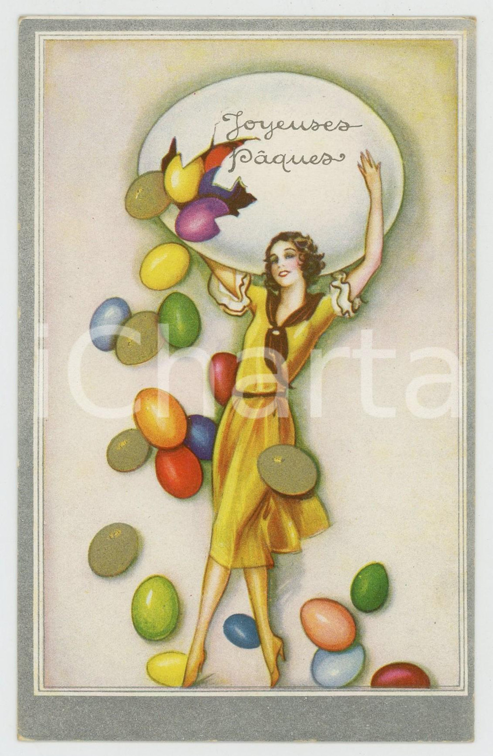 1930 ca JOYEUSES PÂQUES Woman with Easter eggs - ill. CHIOSTRI - Postcard  Cartolina postale d'epoca, scritta ma non viaggiata.CONDIZIONI: GFORMATO: FP    originale e autentica 1