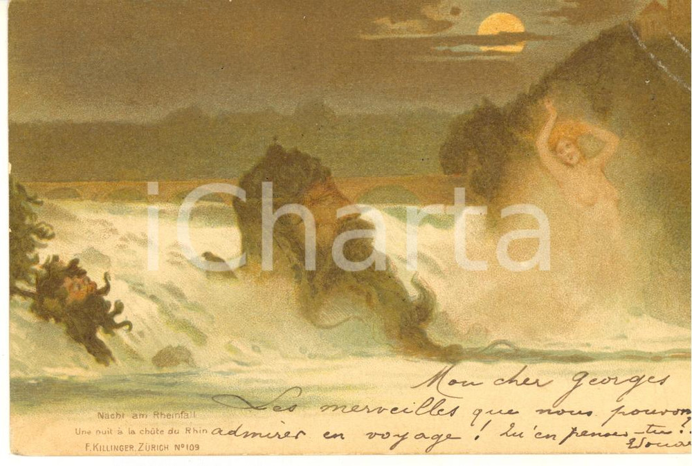 1902 SWITZERLAND - Metamorphic Faces - Nacht am Rheinfall - Nude woman *Postcard  Cartolina postale d'epoca, viaggiata.EDITORE: F. Zillinger - Zurich n&deg; 109 FAIR/discreto abrasioni angolari Formato: 14x9 cm originale e autentica 1
