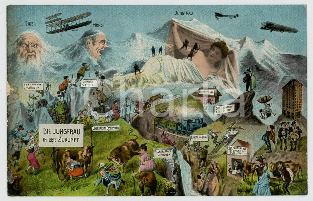 1913 SURREALISM Die JUNGFRAU in der Zukunft - Metamorphic Mountains *Postcard  Cartolina postale d'epoca, viaggiata. FAIR/discreto sbrecciatura al lato sinistro Formato: 14x9 cm originale e autentica 1