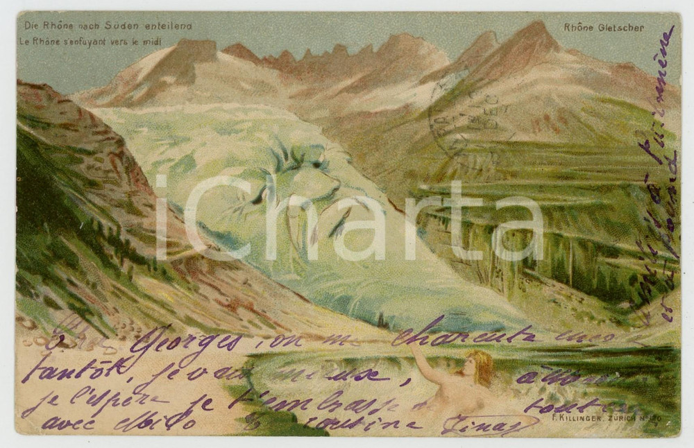 1898 SWITZERLAND - Metamorphic Faces - Die Rhone - Nude woman *Postcard  Cartolina postale d'epoca, viaggiata.EDITORE: F. Zillinger - Zurich n&deg; 120 FAIR/discreto piccole piegature angolari Formato: 14x9 cm originale e autentica 1