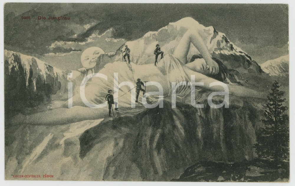 1910 Die JUNGFRAU Surrealism - Metamorphic Mountains - Nude Woman - Men climbing  Cartolina postale d'epoca, non viaggiata. GOOD/buono  Formato: 14x9 cm originale e autentica 1