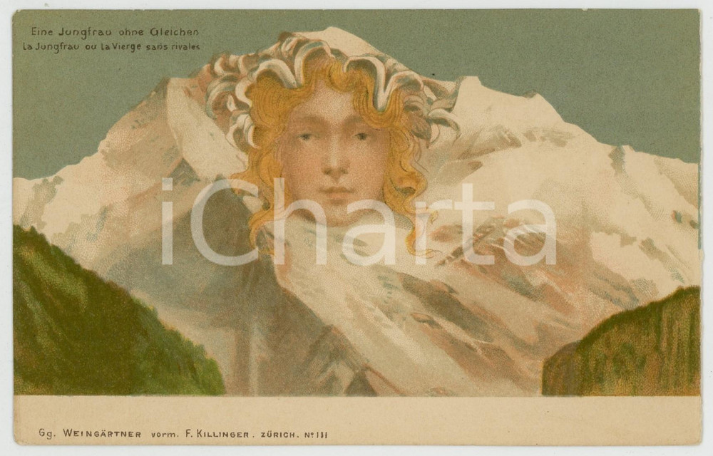 1900 ca WEINGARTNER Swiss Mountains - Metamorphic Faces - Jungfrau *Postcard  Cartolina postale d'epoca, opera dell'illustratore Gg. Weingartner.Non viaggiata.EDITORE: F. Zillinger - Zurich n&deg; 111 GOOD/buono  Formato: 14x9 cm originale e autentica 1