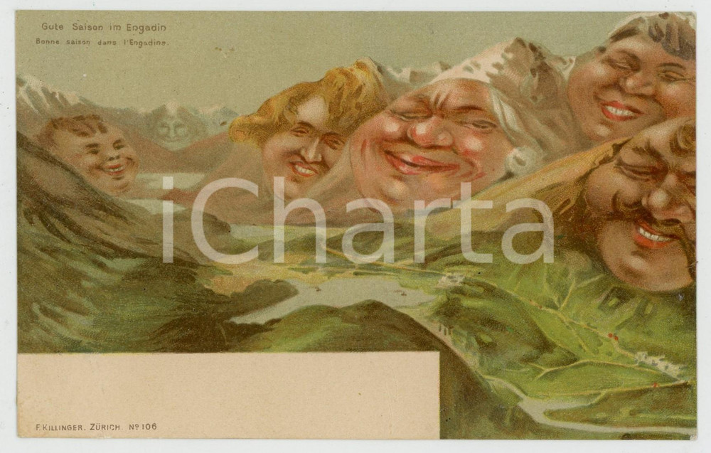 1900 ca SWISS MOUNTAINS - Metamorphic Faces - Gute Saison im Engadin *Postcard  Cartolina postale d'epoca, non viaggiata.EDITORE: F. Zillinger - Zurich n&deg; 106 POOR/danneggiato abrasioni e residui di colla al verso Formato: 14x9 cm originale e autentica 1