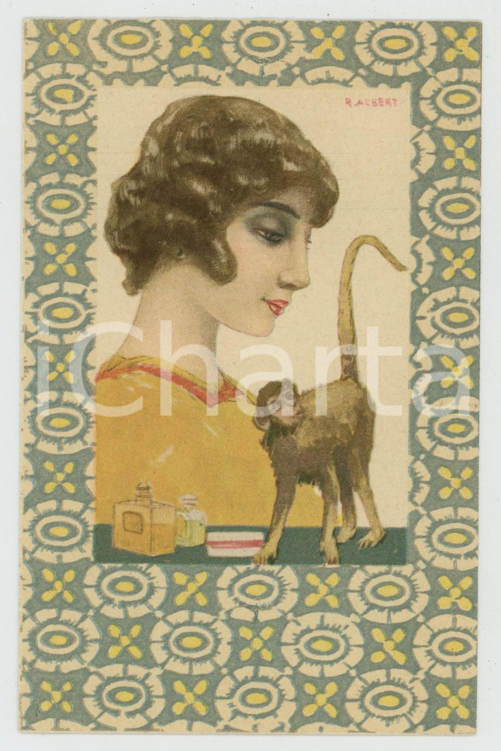 1920 ca ITALY - FASHION - Artist R. ALBERT - Woman and monkey - Postcard  Cartolina postale d'epoca, non viaggiata. GOOD/buono  Formato: 9x14 cm originale e autentica 1