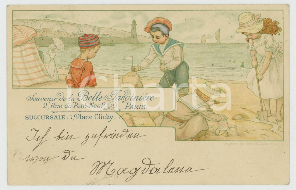 1903 CHILDREN - Building sandcastles - Postcard LA BELLE JARDINIERE PARIS  Cartolina postale d'epoca, viaggiata. GOOD/buono  Formato: 14x9 cm originale e autentica 1