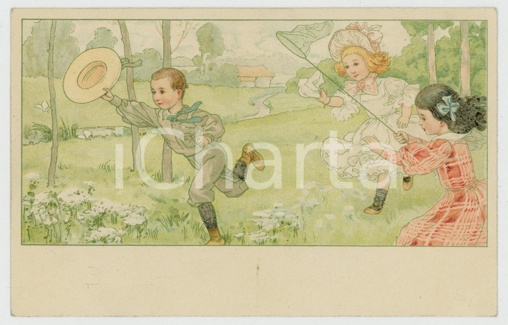 1900 ca CHILDREN - Catching butterflies - Old illustrated postcard  Cartolina postale d'epoca, non viaggiata. GOOD/buono  Formato: 14x9 cm originale e autentica 1