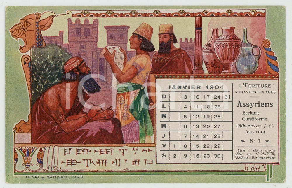 1904 "L'Ecriture à travers les ages" - Assyriens - Carte postale Janvier  Cartolina illustrata d'epoca, non viaggiata.CONDIZIONI: G FORMATO: FP    originale e autentica 1