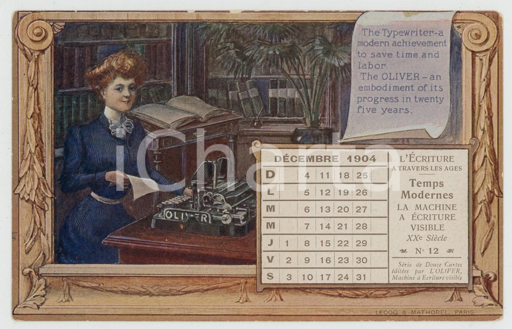 1904 "L'Ecriture à travers les ages" - Machine à écriture - Carte postale Décembre  Cartolina illustrata d'epoca, non viaggiata.CONDIZIONI: G FORMATO: FP    originale e autentica 1