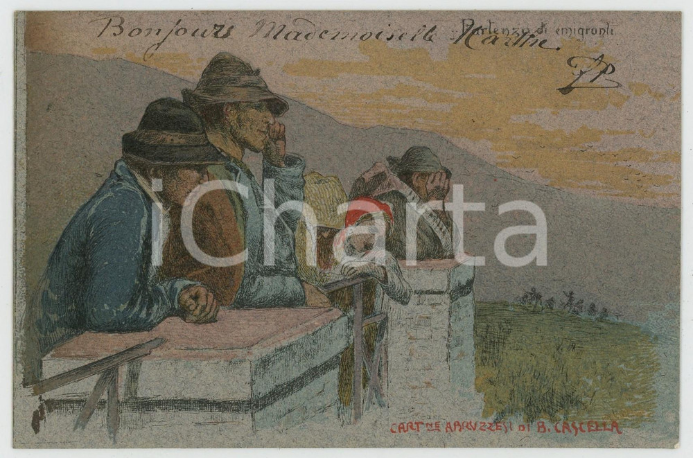 1901 CARTOLINE ABRUZZESI Basilio CASCELLA - Partenza di emigranti *Cartolina  Cartolina postale d'epoca, viaggiata. GOOD/buono  Formato: 14x9 cm originale e autentica 1