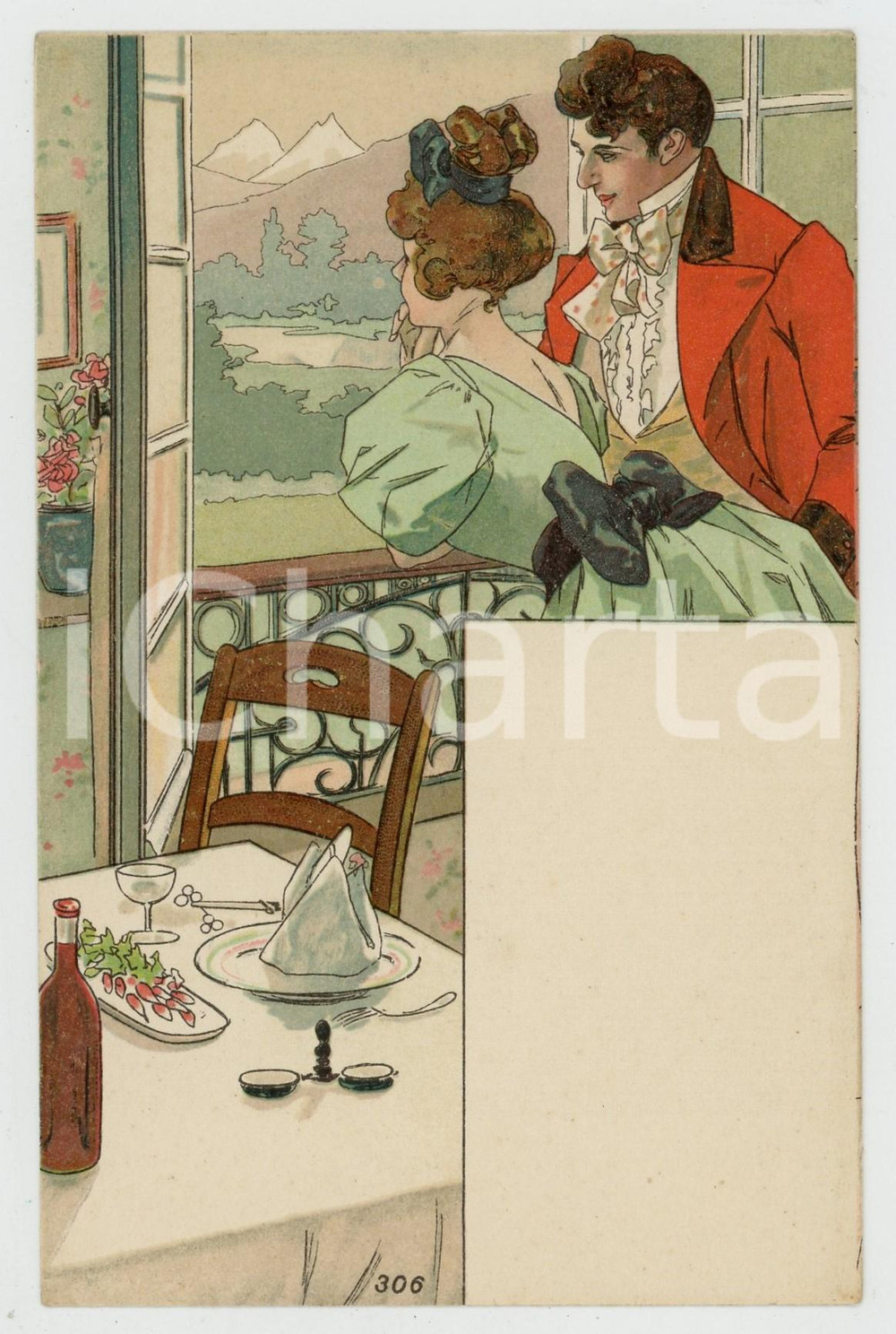 1900 ca FRANCE Lovers at the table (6) - Vintage postcard MENU  Cartolina postale d'epoca, che reca lateralmente uno spazio bianco per il men&ugrave;, non viaggiata. GOOD/buono  Formato: 9x14 cm originale e autentica 1