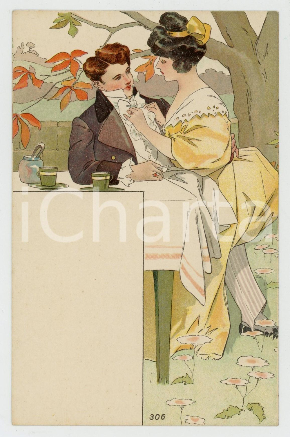 1900 ca FRANCE Lovers at the table (3) - Vintage postcard MENU  Cartolina postale d'epoca, che reca lateralmente uno spazio bianco per il men&ugrave;, non viaggiata. GOOD/buono  Formato: 9x14 cm originale e autentica 1