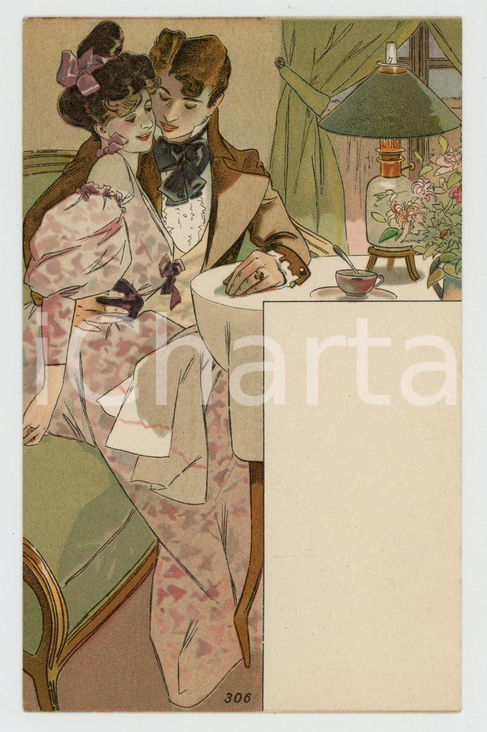 1900 ca FRANCE Lovers at the table (2) - Vintage postcard MENU  Cartolina postale d'epoca, che reca lateralmente uno spazio bianco per il men&ugrave;, non viaggiata. GOOD/buono  Formato: 9x14 cm originale e autentica 1