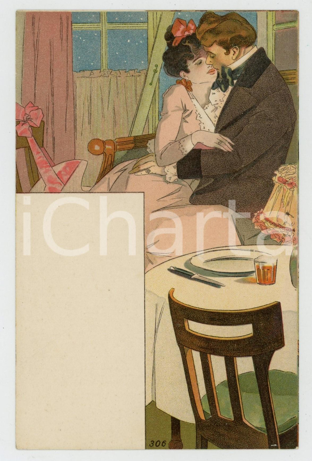 1900 ca FRANCE Lovers at the table (1) - Vintage postcard MENU  Cartolina postale d'epoca, che reca lateralmente uno spazio bianco per il men&ugrave;, non viaggiata. GOOD/buono  Formato: 9x14 cm originale e autentica 1