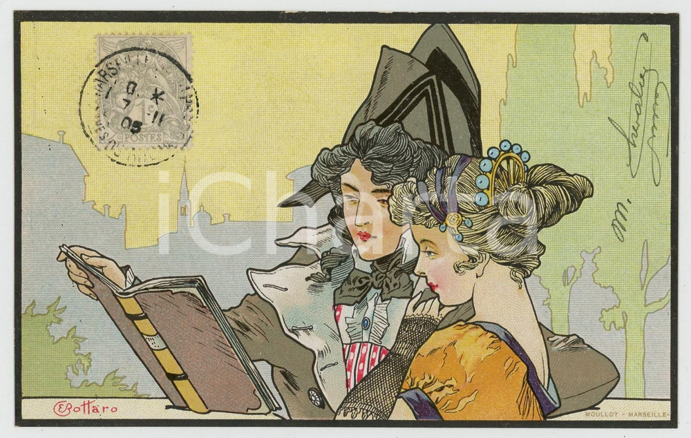 1905 Artist E. BOTTARO - Couple - Book - ILLUSTRATED postcard Cartolina postale d'epoca, viaggiata. GOOD/buono  Formato: 14x9 cm originale e autentica 1