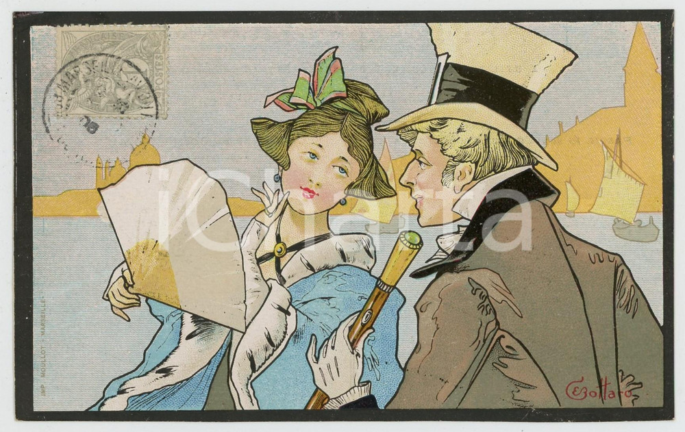 1905 Artist E. BOTTARO - Couple - Woman with a fan - ILLUSTRATED postcard Cartolina postale d'epoca, viaggiata. GOOD/buono  Formato: 14x9 cm originale e autentica 1